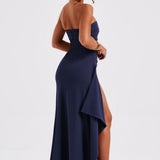 Meadow | Strapless Ruched Crepe Thigh-High Split Maxi Dress