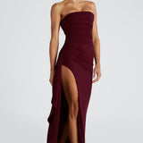 Meadow | Strapless Ruched Crepe Thigh-High Split Maxi Dress