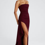 Meadow | Strapless Ruched Crepe Thigh-High Split Maxi Dress