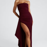 Meadow | Strapless Ruched Crepe Thigh-High Split Maxi Dress