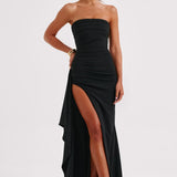 Meadow | Strapless Ruched Crepe Thigh-High Split Maxi Dress