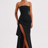 Meadow | Strapless Ruched Crepe Thigh-High Split Maxi Dress