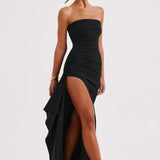 Meadow | Strapless Ruched Crepe Thigh-High Split Maxi Dress