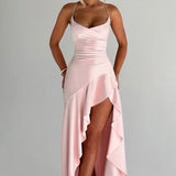 Soraya | High-Low Ruffle Hem Satin Twist Cowl Maxi Slit Dress