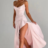 Lucia | High-Low Ruffle Hem Satin Twist Cowl Maxi Dress