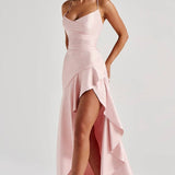 Lucia | High-Low Ruffle Hem Satin Twist Cowl Maxi Dress