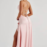 Soraya | High-Low Ruffle Hem Satin Twist Cowl Maxi Slit Dress