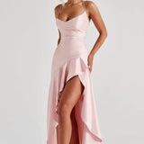Soraya | High-Low Ruffle Hem Satin Twist Cowl Maxi Slit Dress