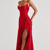 Lucia | High-Low Ruffle Hem Satin Twist Cowl Maxi Dress
