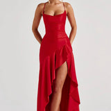 Lucia | High-Low Ruffle Hem Satin Twist Cowl Maxi Dress