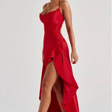 Lucia | High-Low Ruffle Hem Satin Twist Cowl Maxi Dress