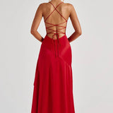Soraya | High-Low Ruffle Hem Satin Twist Cowl Maxi Slit Dress