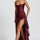 Lucia | High-Low Ruffle Hem Satin Twist Cowl Maxi Dress