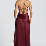 Lucia | High-Low Ruffle Hem Satin Twist Cowl Maxi Dress