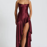 Soraya | High-Low Ruffle Hem Satin Twist Cowl Maxi Slit Dress