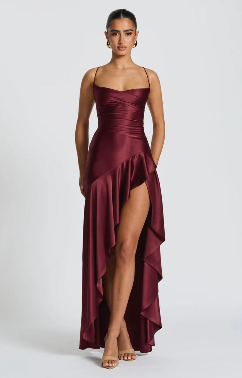 Soraya | High-Low Ruffle Hem Satin Twist Cowl Maxi Slit Dress