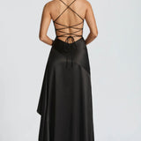 Soraya | High-Low Ruffle Hem Satin Twist Cowl Maxi Slit Dress