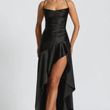 Lucia | High-Low Ruffle Hem Satin Twist Cowl Maxi Dress