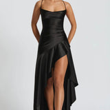 Lucia | High-Low Ruffle Hem Satin Twist Cowl Maxi Dress