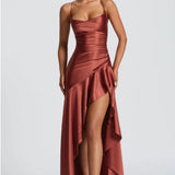 Soraya | High-Low Ruffle Hem Satin Twist Cowl Maxi Slit Dress
