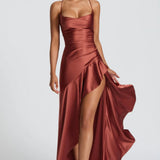 Lucia | High-Low Ruffle Hem Satin Twist Cowl Maxi Dress