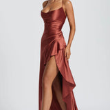 Soraya | High-Low Ruffle Hem Satin Twist Cowl Maxi Slit Dress