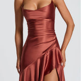 Soraya | High-Low Ruffle Hem Satin Twist Cowl Maxi Slit Dress