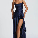 Lucia | High-Low Ruffle Hem Satin Twist Cowl Maxi Dress