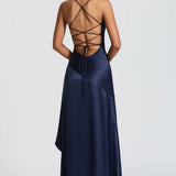 Soraya | High-Low Ruffle Hem Satin Twist Cowl Maxi Slit Dress
