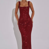 Olivia | Embellished Square Neck Crystal Mesh Maxi Dress