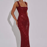 Olivia | Embellished Square Neck Crystal Mesh Maxi Dress