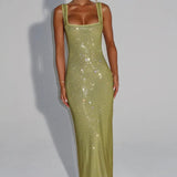 Elara | Sculpted Square Neck Crystal Mesh Maxi Dress