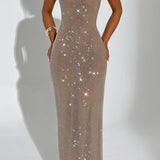 Olivia | Embellished Square Neck Crystal Mesh Maxi Dress