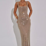 Olivia | Embellished Square Neck Crystal Mesh Maxi Dress