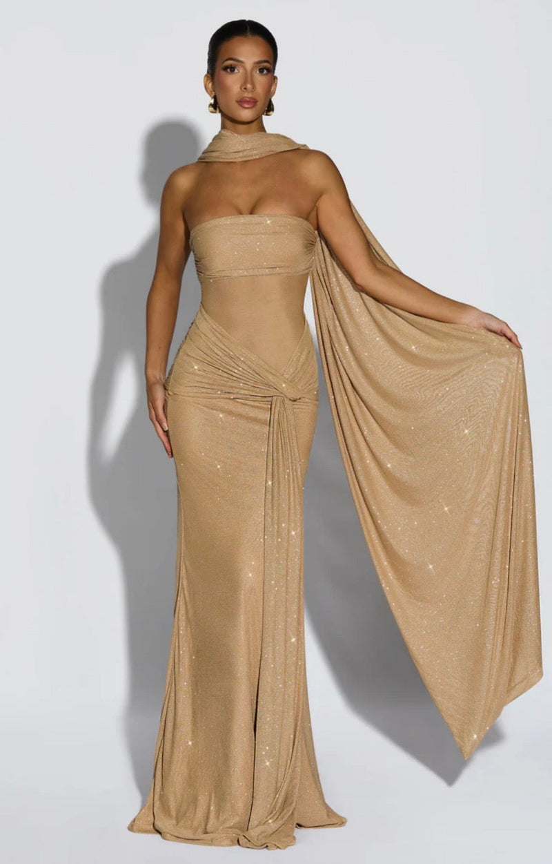 Giselle | Sculpted Silhouette Glittering Mesh Maxi Dress