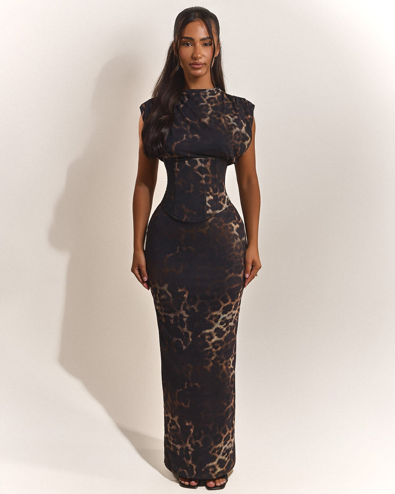 Sandra | Leopard Print High Neck Maxi Dress