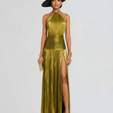 Talia | Luminous Metallic Halter Maxi Dress