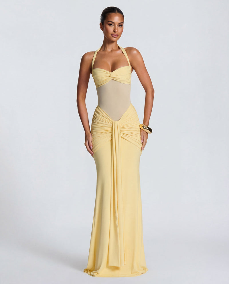 Rosabella |  Radiant Yellow Halter Neck Ruched Maxi Dress