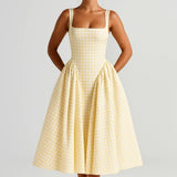 Nicolle | Retro Checkered Square-Neck Midi Dress