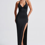 Kesha | Black Halter Neck Maxi Dress with High Split
