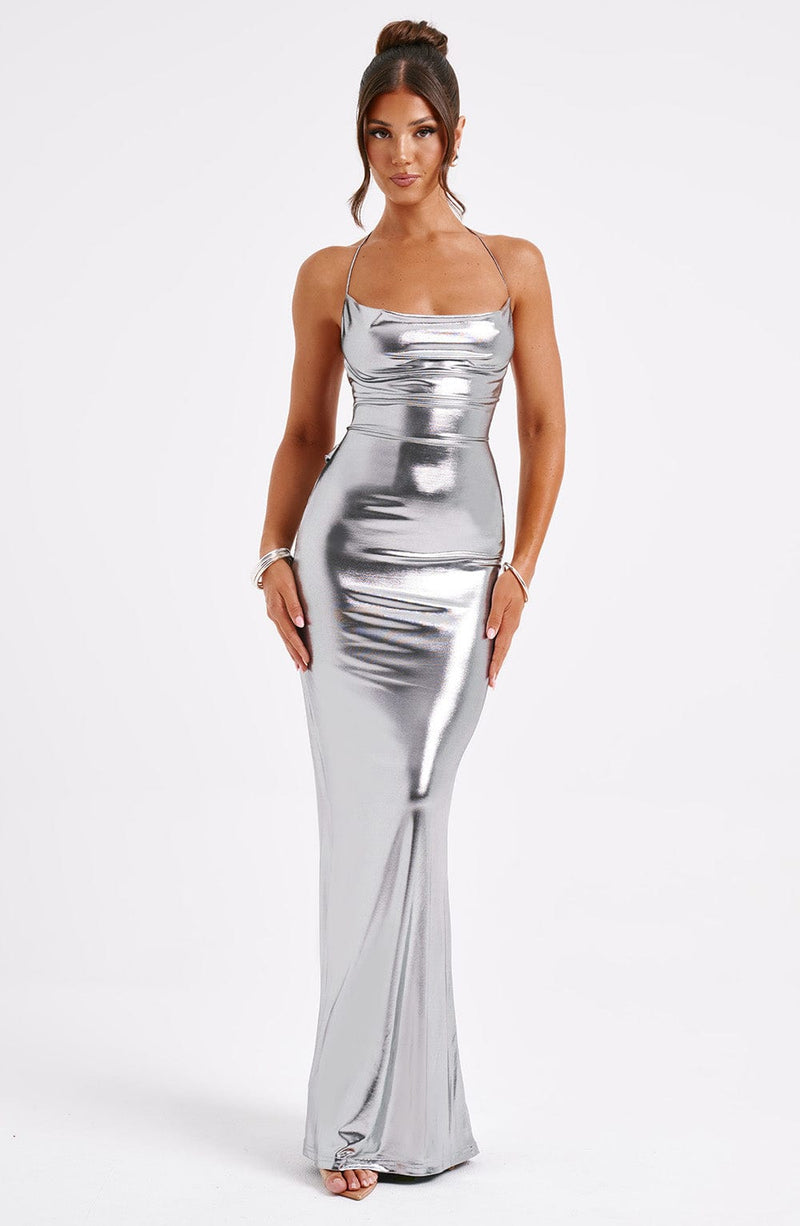 Vivienne | Gunmetal Metallic Maxi Dress – Backless Evening Gown