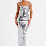 Vivienne | Gunmetal Metallic Maxi Dress – Backless Evening Gown