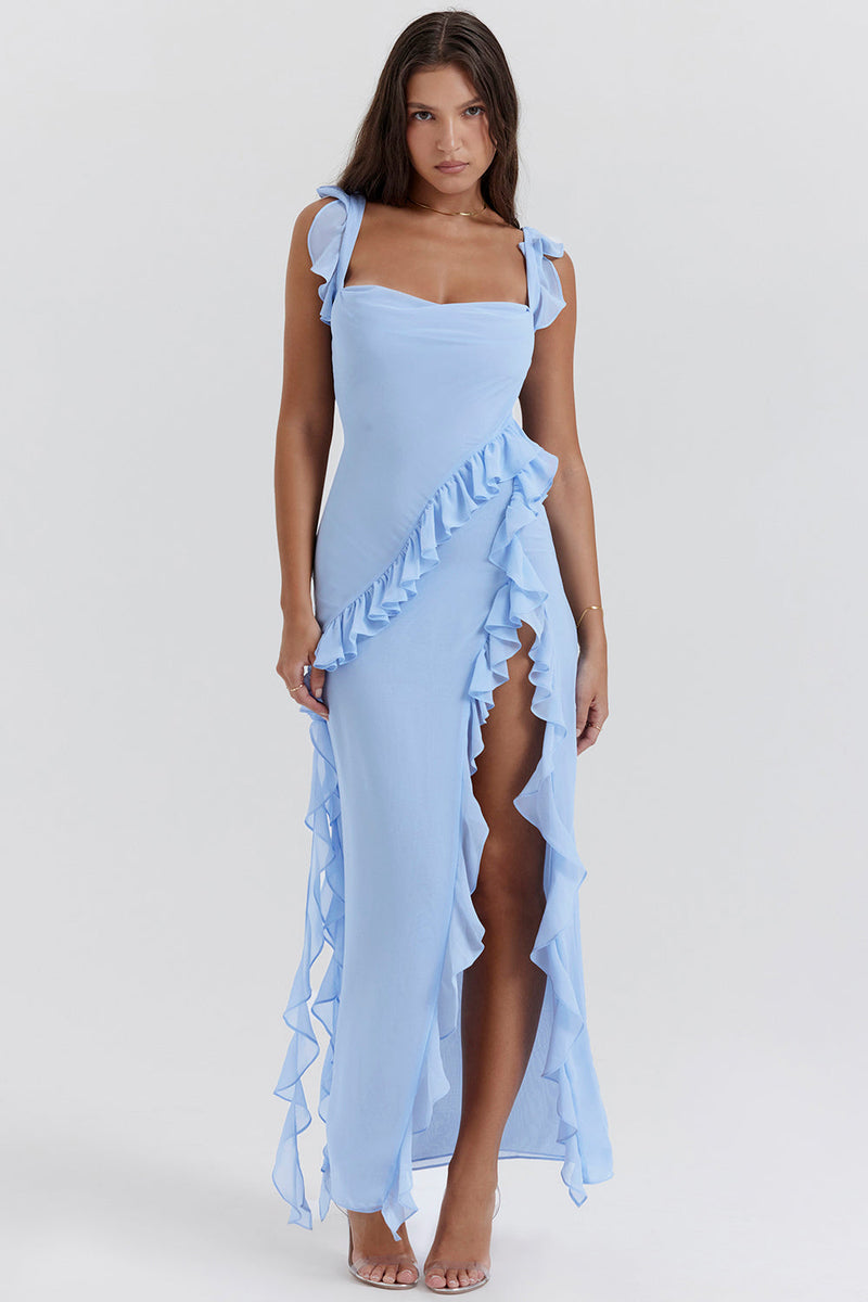 Soho | Square Neck Thigh-High Slit Ruffle Side Maxi Dress