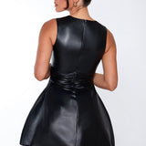 Maeve | Faux Leather Bubble Skirt Mini Dress with Square Neck