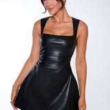 Maeve | Faux Leather Bubble Skirt Mini Dress with Square Neck
