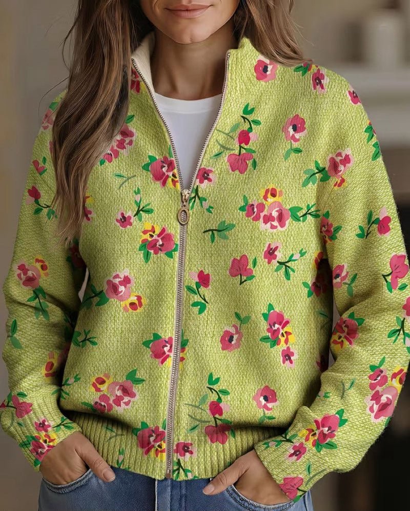 Agnese™ | Zip Cardigan in Floral Pink and Lime