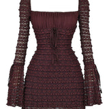 Marisa | Rich Brown Floral Lace Drawstring Bust Mini Dress