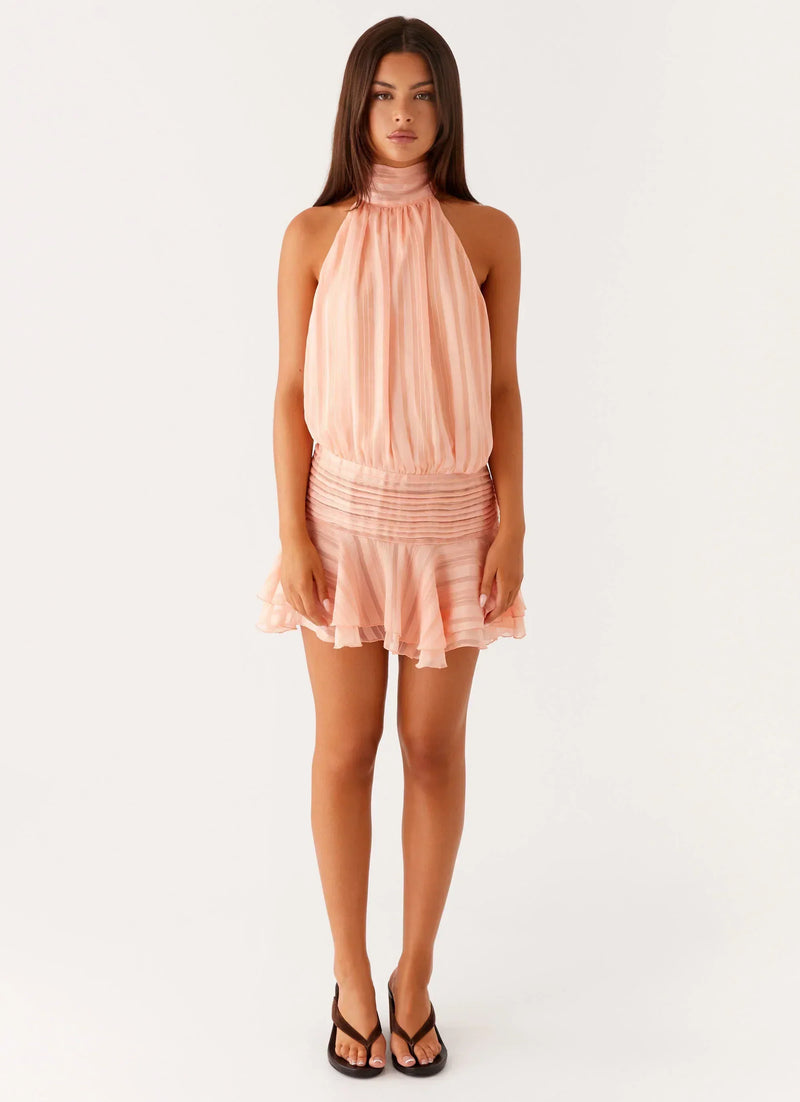 Willow | Open Back Ruffle Hem High-Neck Chiffon Mini Dress