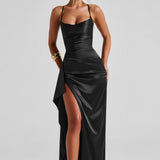 Helen | Twist Cowl Lace Up Satin Black Maxi Dress with Thigh Split