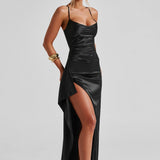Helen | Twist Cowl Lace Up Satin Black Maxi Dress with Thigh Split